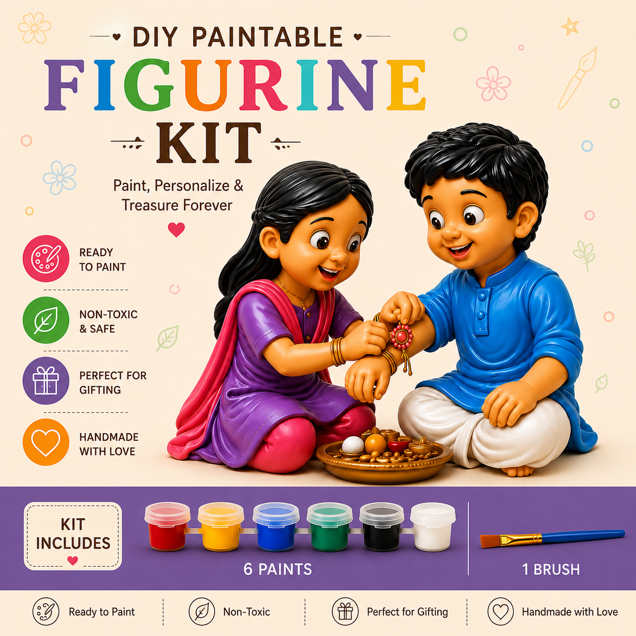 DIY Raksha Bandhan paintable figurine kit - Brother & sister